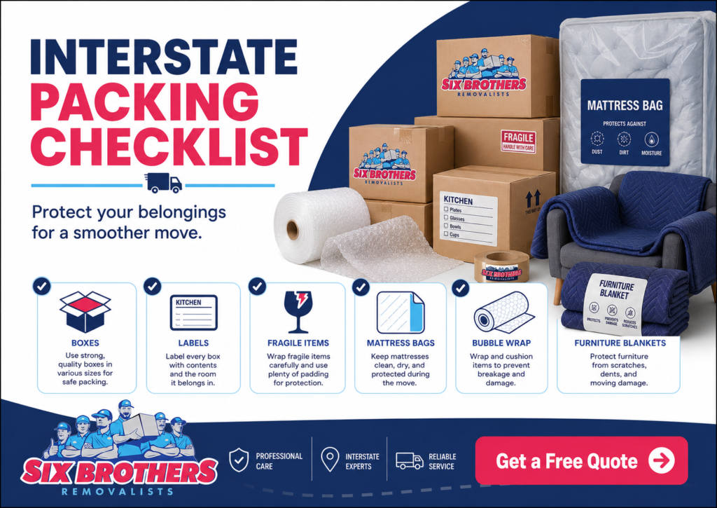 Packing checklist for moving to another Australian state by Six Brothers Removalists with boxes, labels and bubble wrap