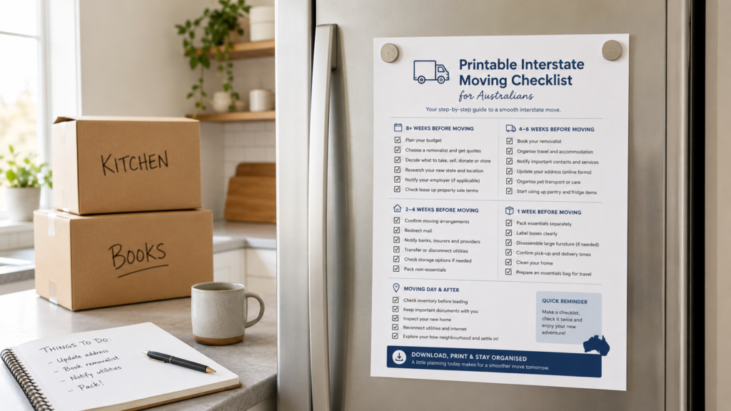 Printable interstate moving checklist for Australians on a fridge by Six Brothers Removalists.