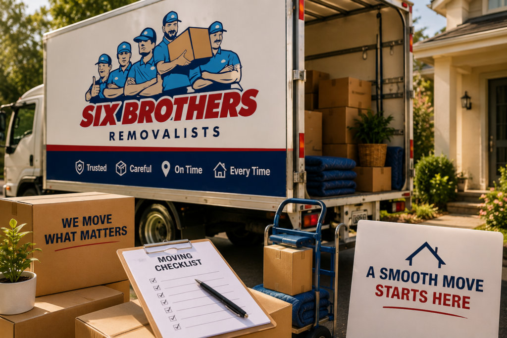 Questions to ask interstate removalists by Six Brothers Removalists with truck, checklist and packed moving boxes