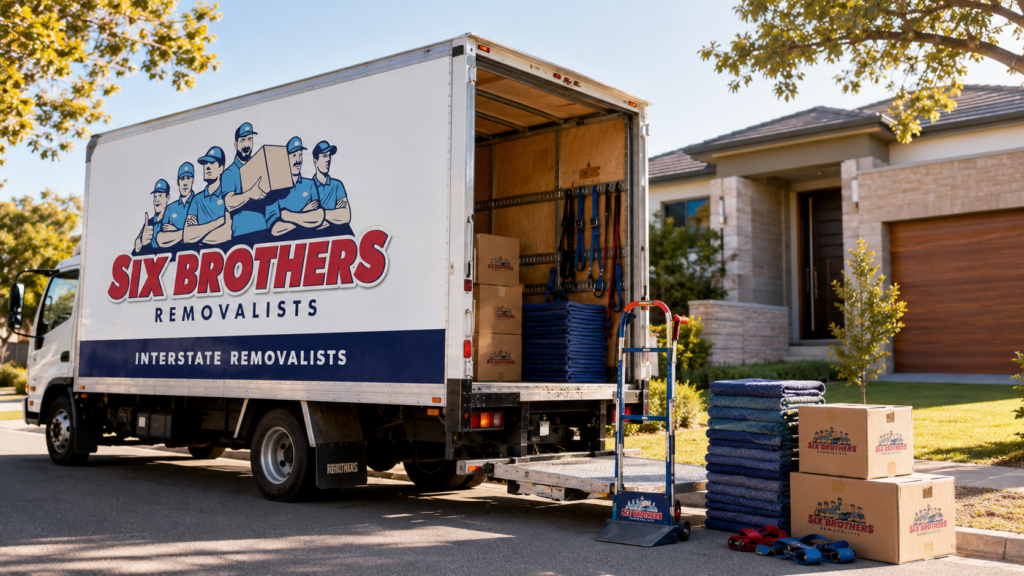 Questions to ask interstate removalists shown with Six Brothers truck, straps, blankets, and trolley gear