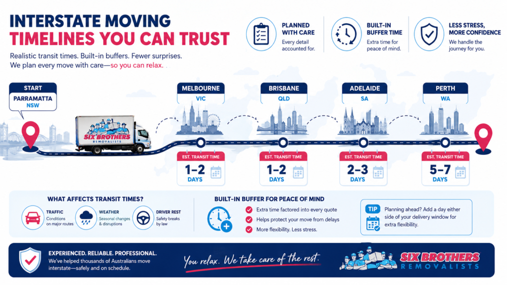 Timeline graphic to reduce stress when moving interstate with Six Brothers Removalists delivery route guide