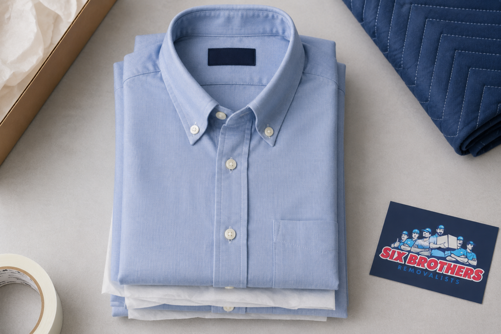 Roll or fold shirts for packing to move interstate with folded button-down layers by Six Brothers Removalists.