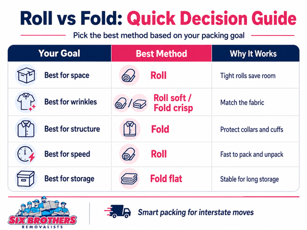 Roll or fold shirts for packing to move interstate infographic by Six Brothers Removalists.
