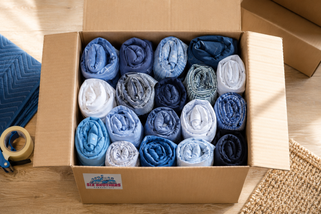 Roll or fold shirts for packing to move interstate shown in a moving box by Six Brothers Removalists.