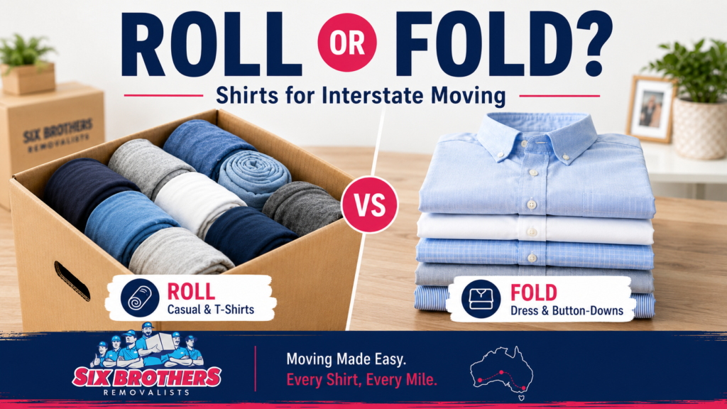 Roll or fold shirts for packing to move interstate cover image by Six Brothers Removalists.
