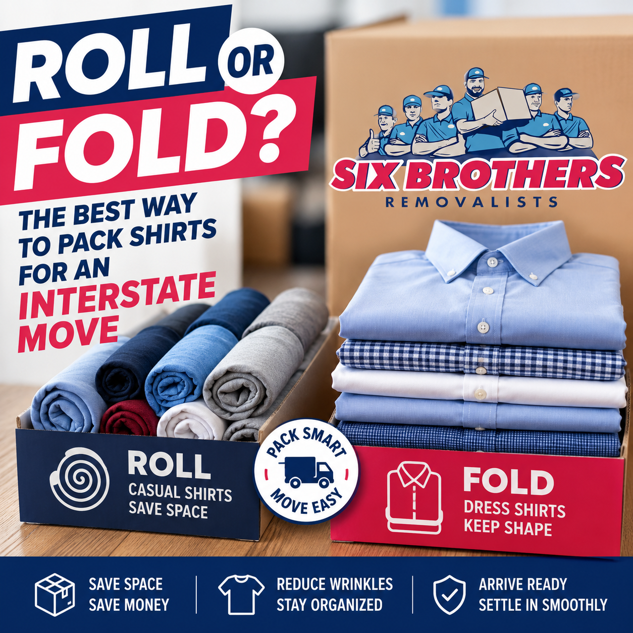 Roll or fold shirts for packing to move interstate with Six Brothers Removalists branded shirt boxes.