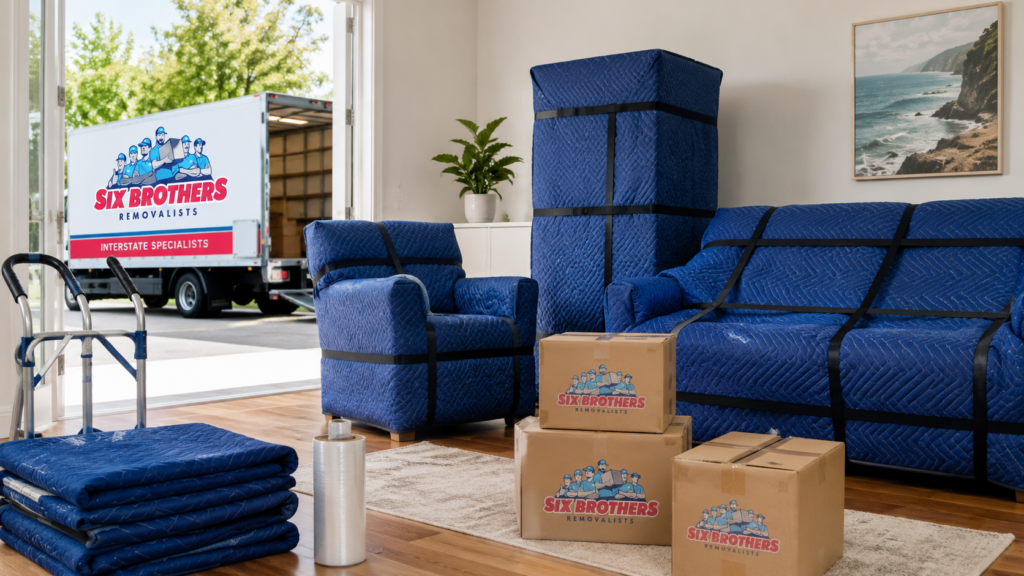Safe interstate removalist image by Six Brothers Removalists showing wrapped furniture and moving supplies for an interstate move.