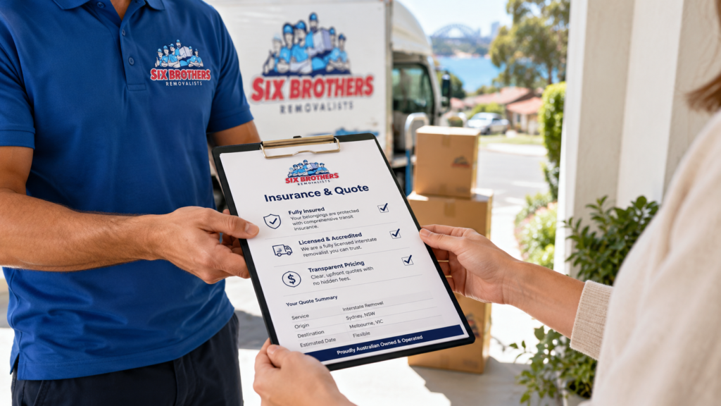 Safe interstate removalist image by Six Brothers Removalists showing quote and insurance check at a Sydney home.