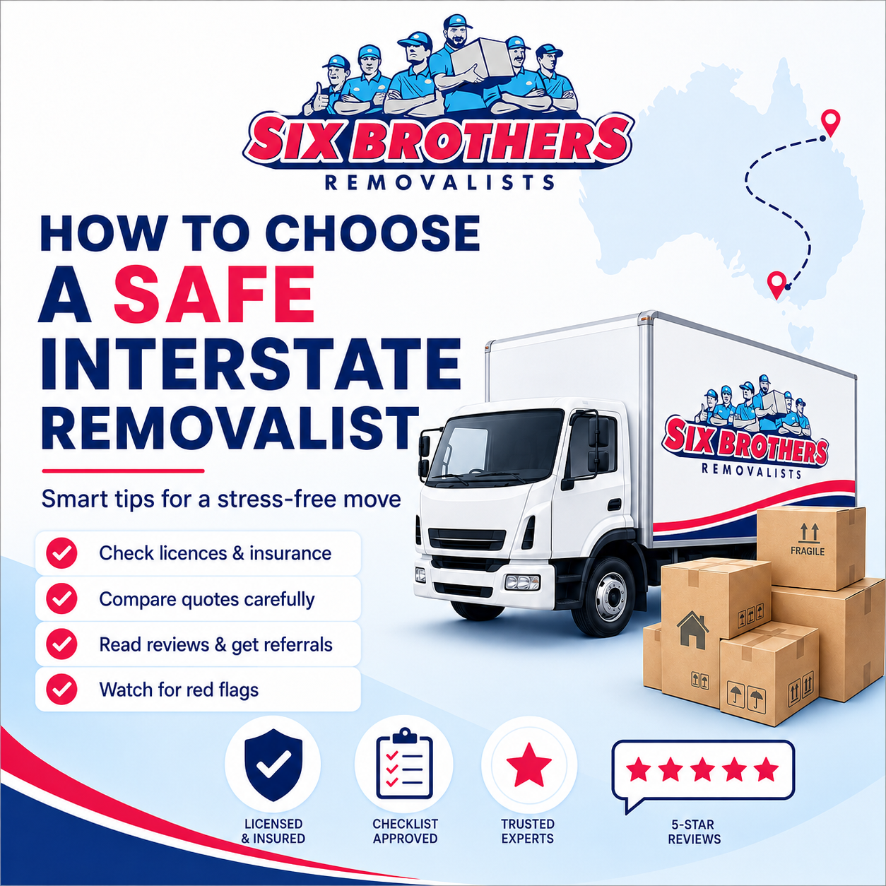 Safe interstate removalist featured image by Six Brothers Removalists with branded truck, boxes, and trust icons.