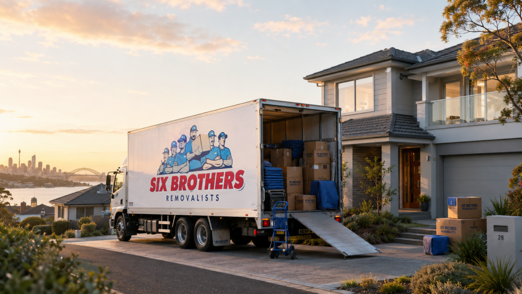 Safe interstate removalist truck outside a Sydney home at dawn by Six Brothers Removalists.