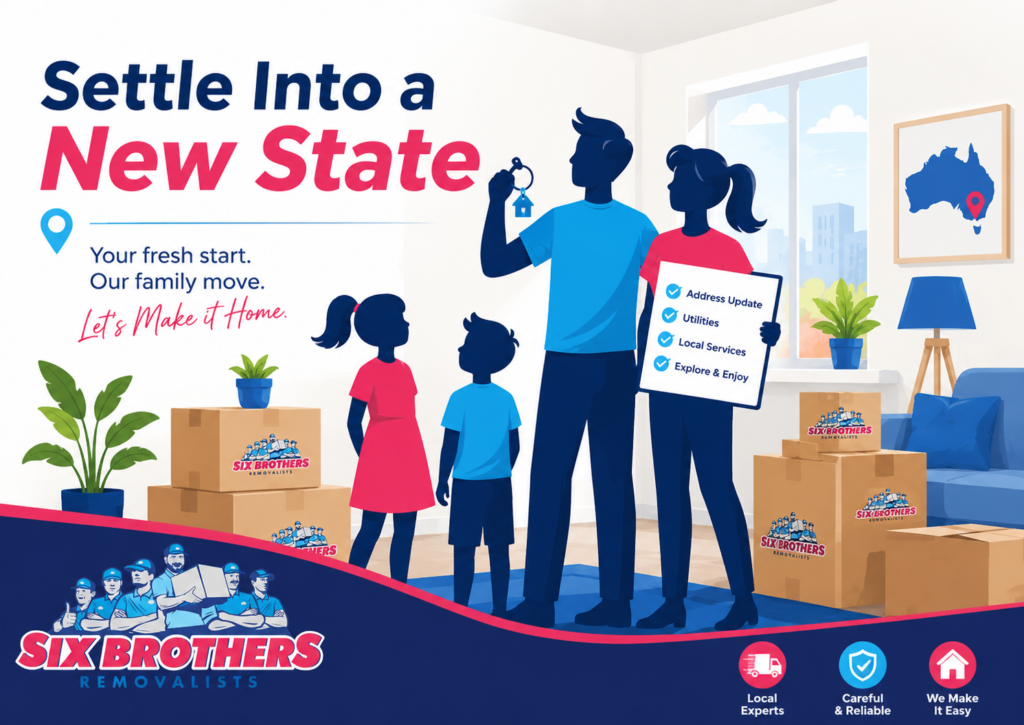 Settle into a new state after moving with Six Brothers Removalists, showing silhouettes, boxes, keys and checklist