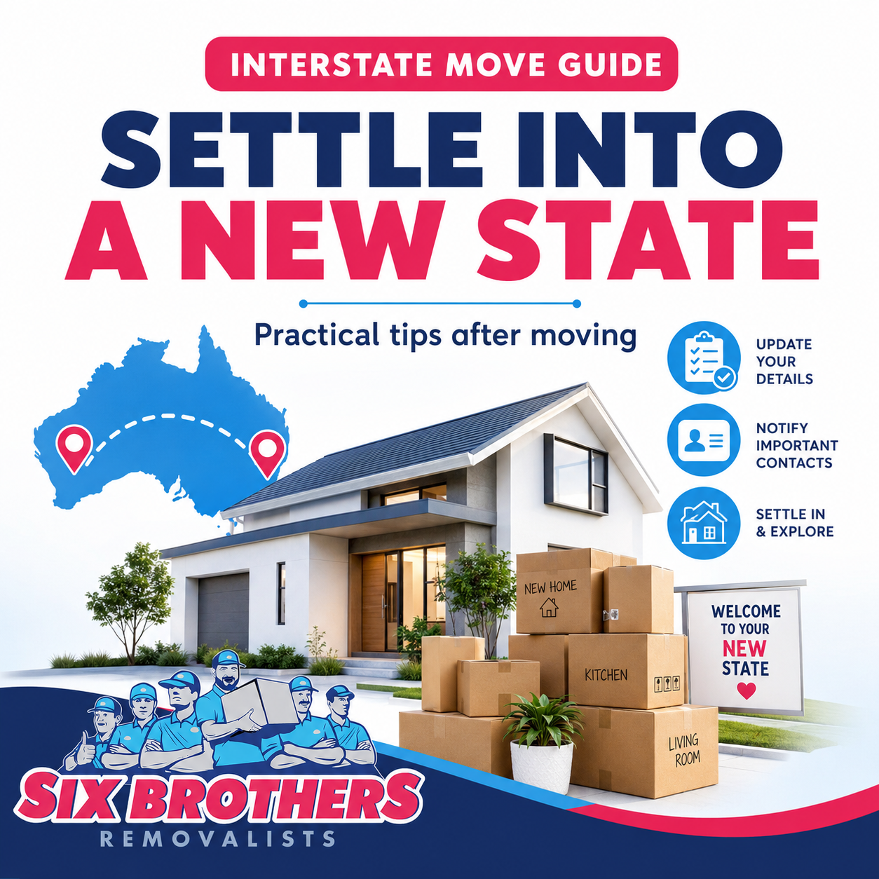 Settle into a new state after moving with Six Brothers Removalists, showing new home, boxes and checklist icons
