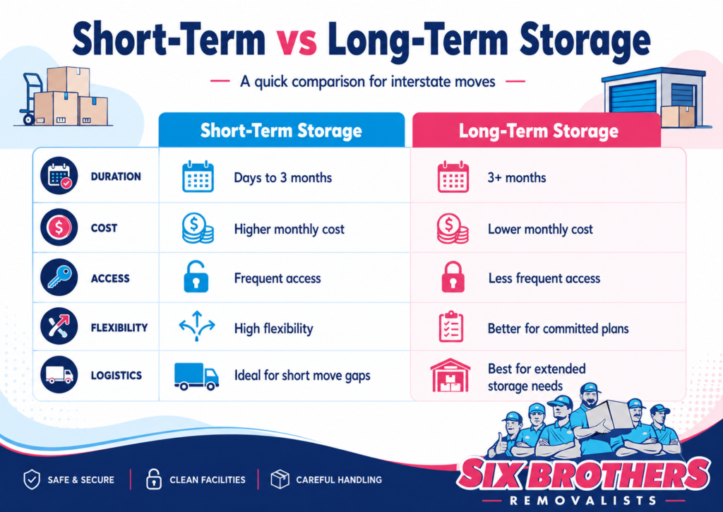 Short-term vs long-term storage comparison infographic by Six Brothers Removalists for interstate moving decisions.