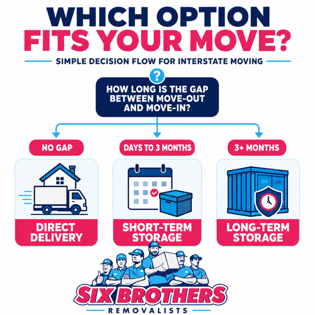 Short-term vs long-term storage decision flow by Six Brothers Removalists for interstate moves.