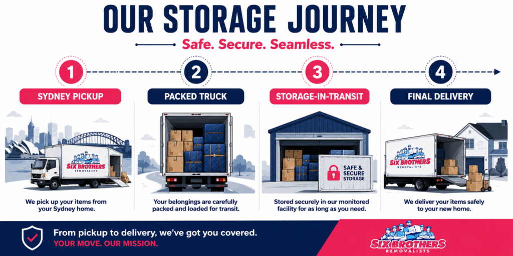 Short-term vs long-term storage process by Six Brothers Removalists from Sydney pickup to final delivery.