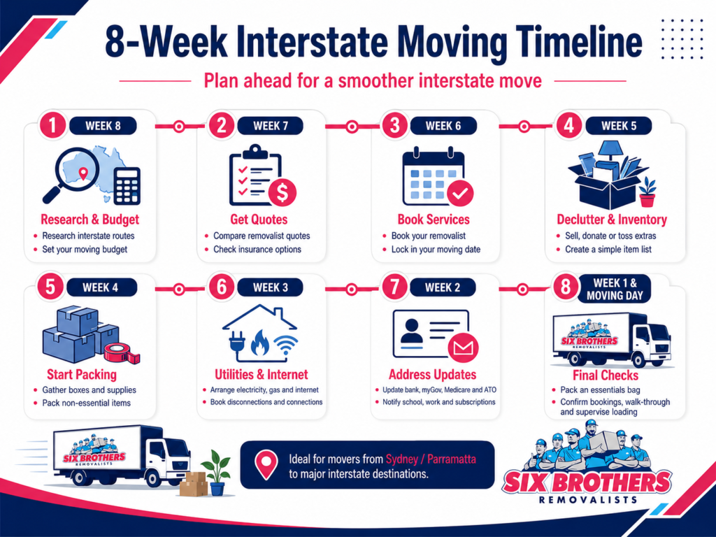 8-week moving timeline for moving interstate in Australia by Six Brothers Removalists.