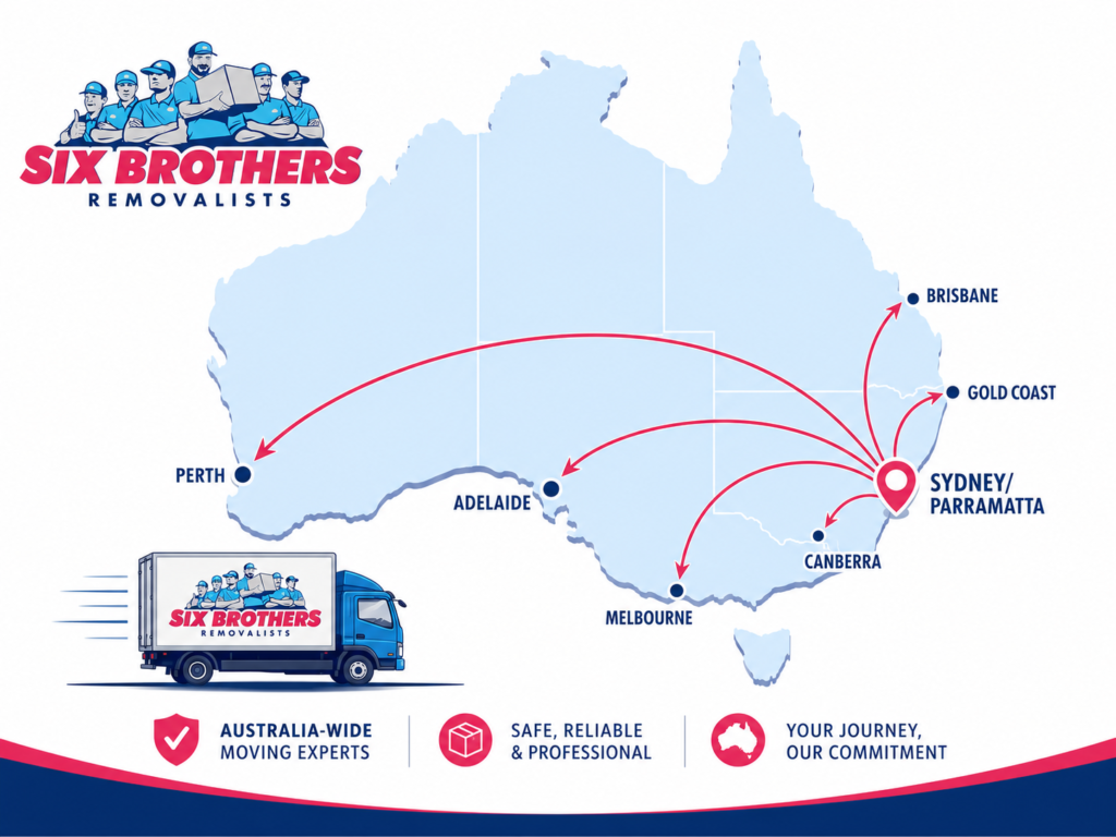 Route map for moving interstate in Australia from Sydney to major cities by Six Brothers Removalists.