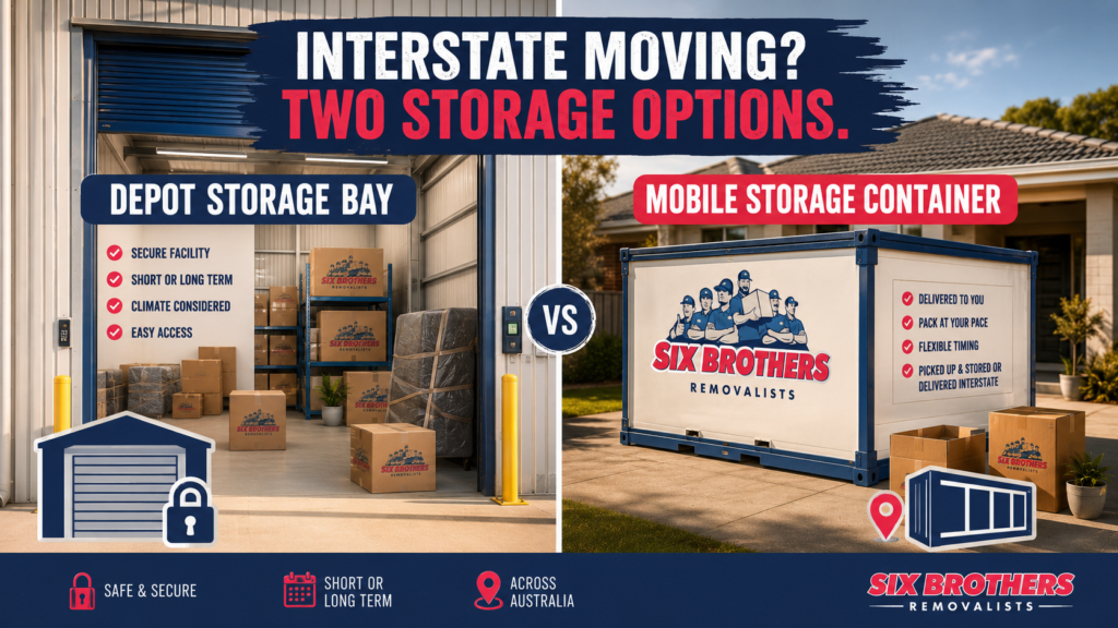 Storage when moving interstate options by Six Brothers Removalists with depot bay and mobile container