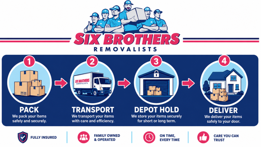 Storage when moving interstate infographic by Six Brothers Removalists showing pack, transport, depot hold and delivery