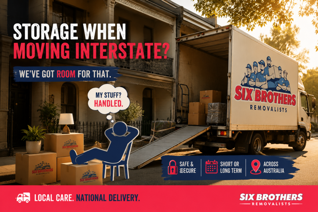 Storage when moving interstate with Six Brothers Removalists truck, Sydney terrace, boxes and relaxed mover icon