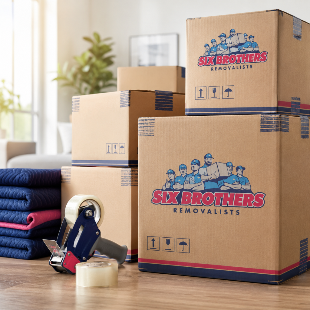 Strong moving boxes and packing tape for moving boxes by Six Brothers Removalists, showing interstate packing mistakes.