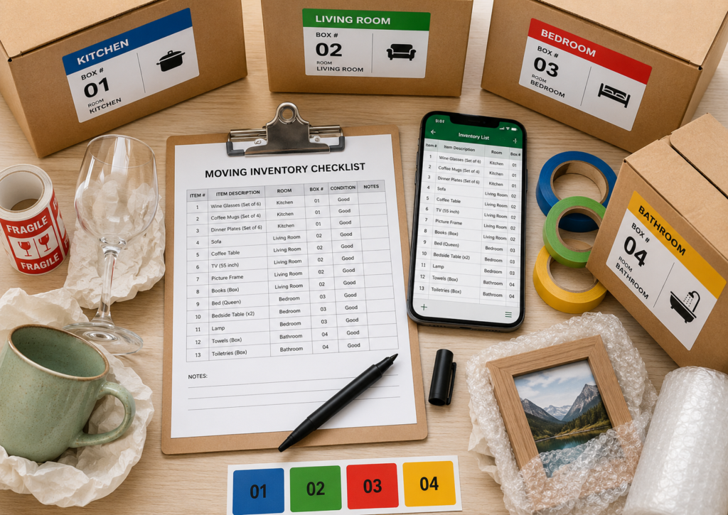 Track belongings during interstate move with Six Brothers Removalists using checklist, labels, phone spreadsheet, and boxes.