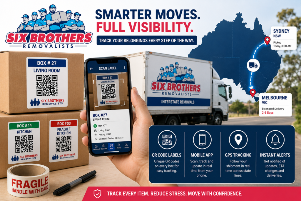 Track belongings during interstate move with Six Brothers Removalists using QR labels, phone scanning, and GPS.