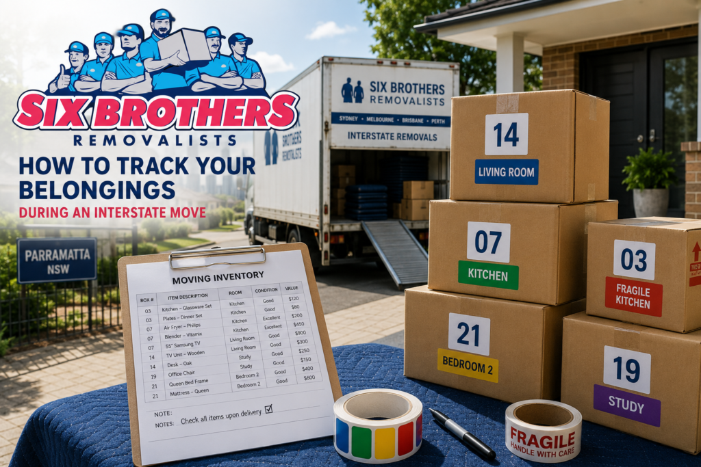 Track belongings during interstate move with Six Brothers Removalists using labelled boxes and inventory.