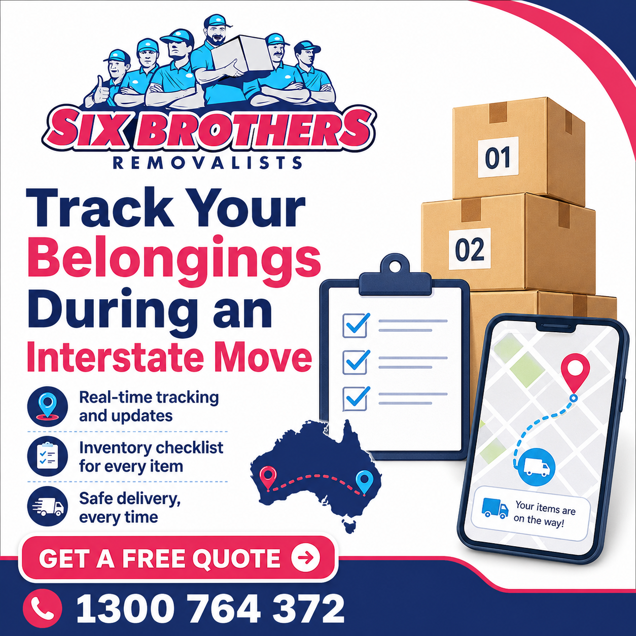 Track belongings during interstate move featured image by Six Brothers Removalists with CTA and phone number.