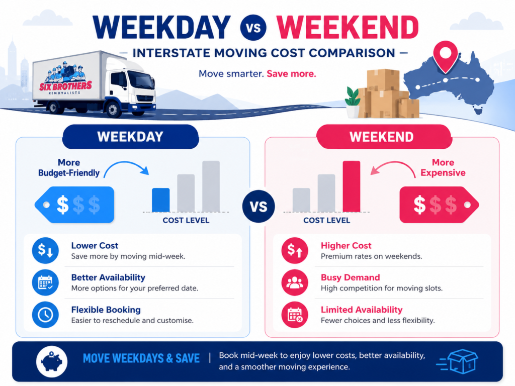 Weekday vs weekend interstate move comparison graphic by Six Brothers Removalists showing cost and booking differences.