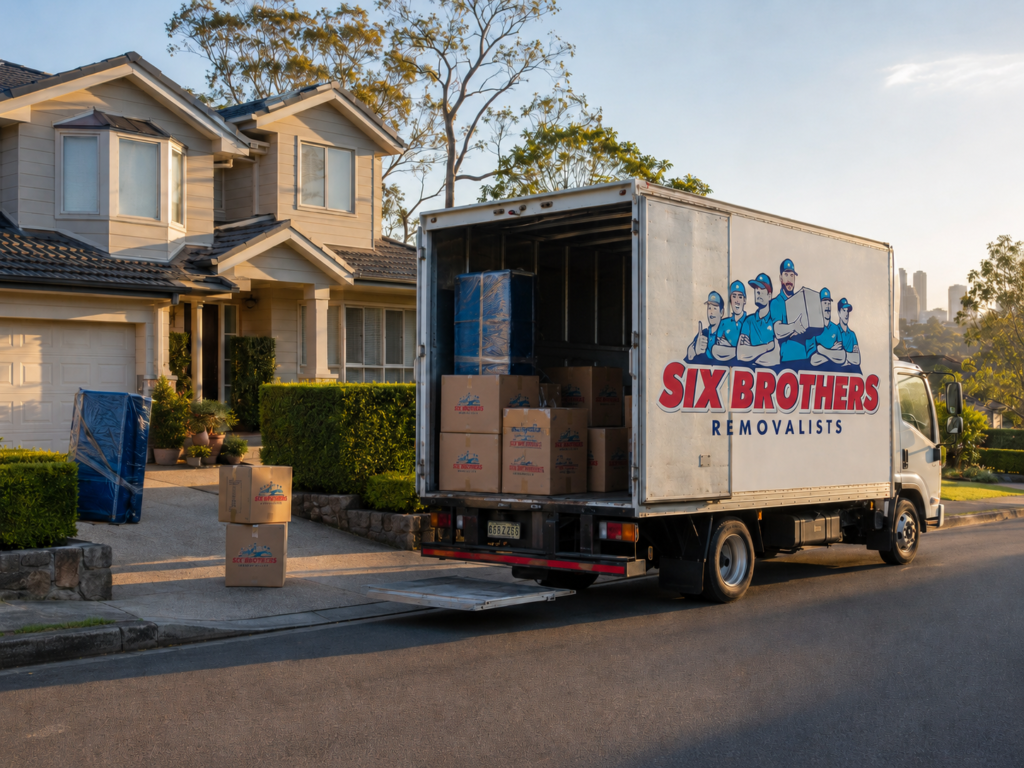 Weekday vs weekend interstate move cover image by Six Brothers Removalists showing a branded truck at a Sydney home.
