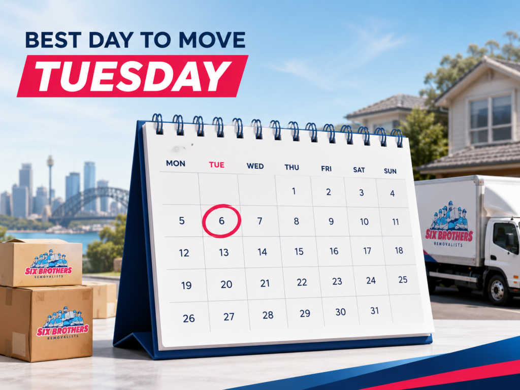 Weekday vs weekend interstate move calendar by Six Brothers Removalists showing Tuesday circled as the best moving day
