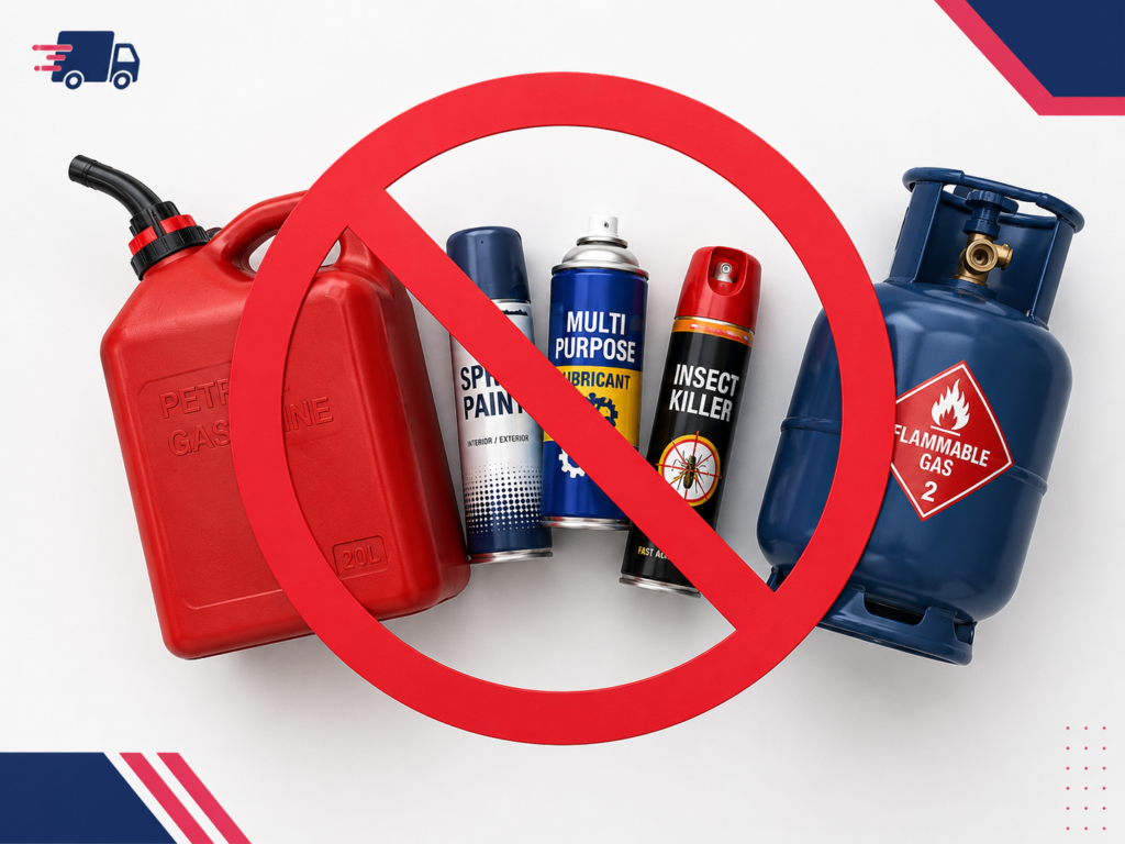 Flat-lay of what items will interstate movers not take: petrol can, aerosols and gas cylinder by Six Brothers Removalists.