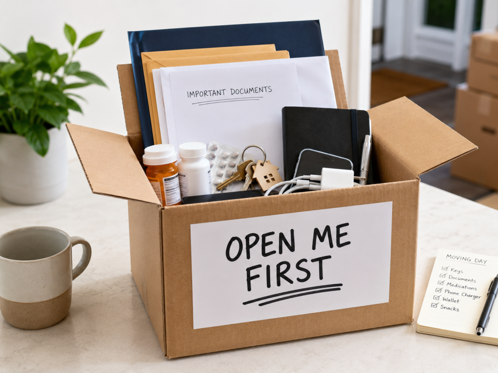 Open me first box with documents, keys and meds for what items will interstate movers not take by Six Brothers.