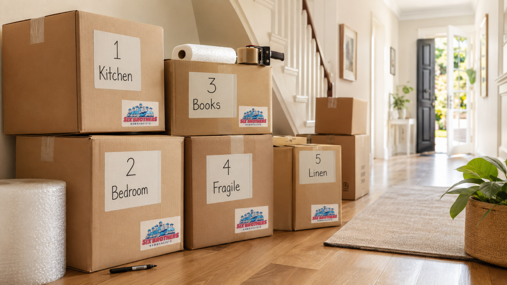 What not to do when moving interstate image showing labelled moving boxes by Six Brothers Removalists