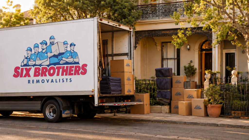 What not to do when moving interstate cover image with Six Brothers Removalists truck outside a Sydney terrace home