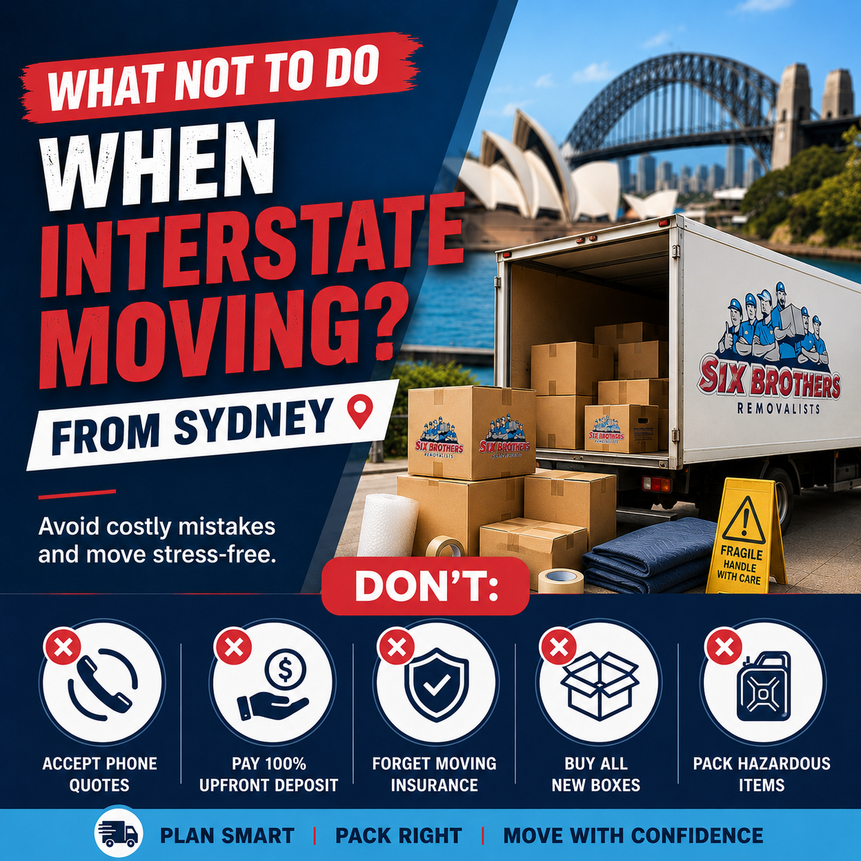 What not to do when moving interstate from Sydney with Six Brothers Removalists moving truck graphic