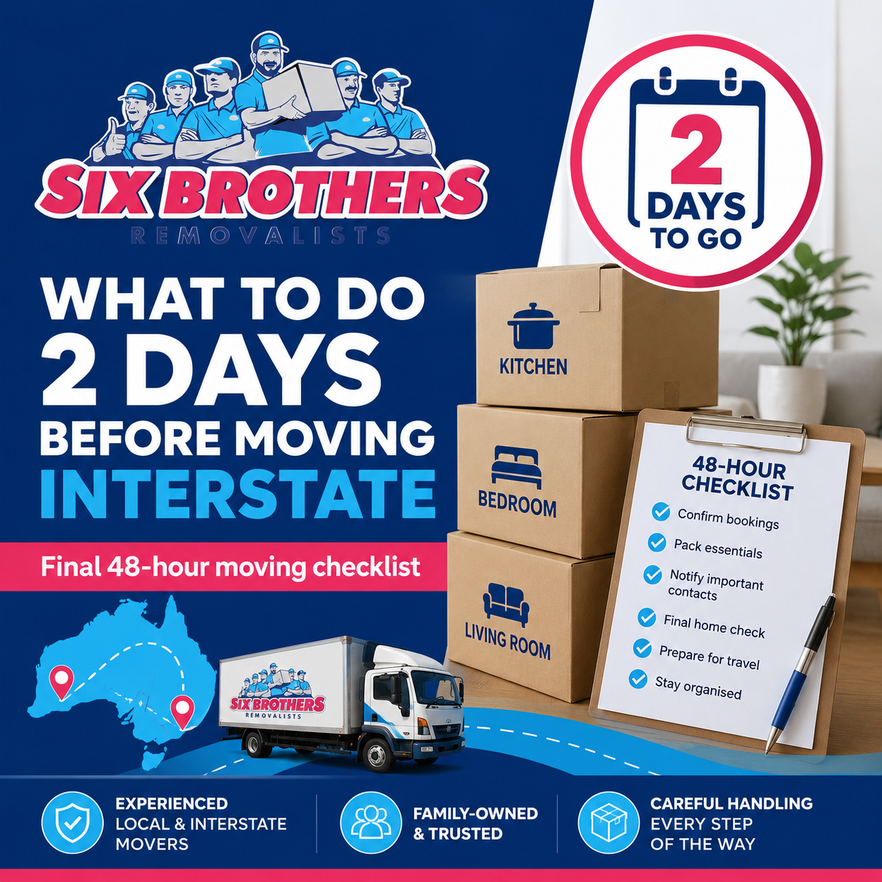 What to do 2 days before moving interstate checklist with boxes and Six Brothers Removalists branding