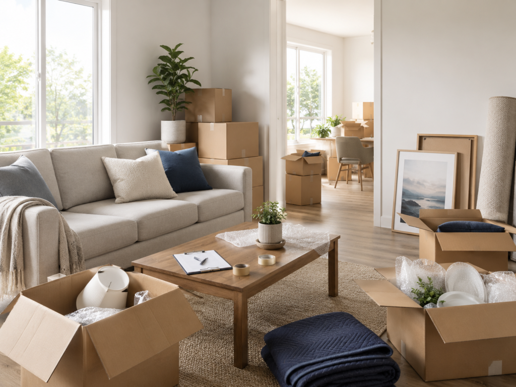 what to do before moving interstate half-packed living room with boxes by Six Brothers Removalists