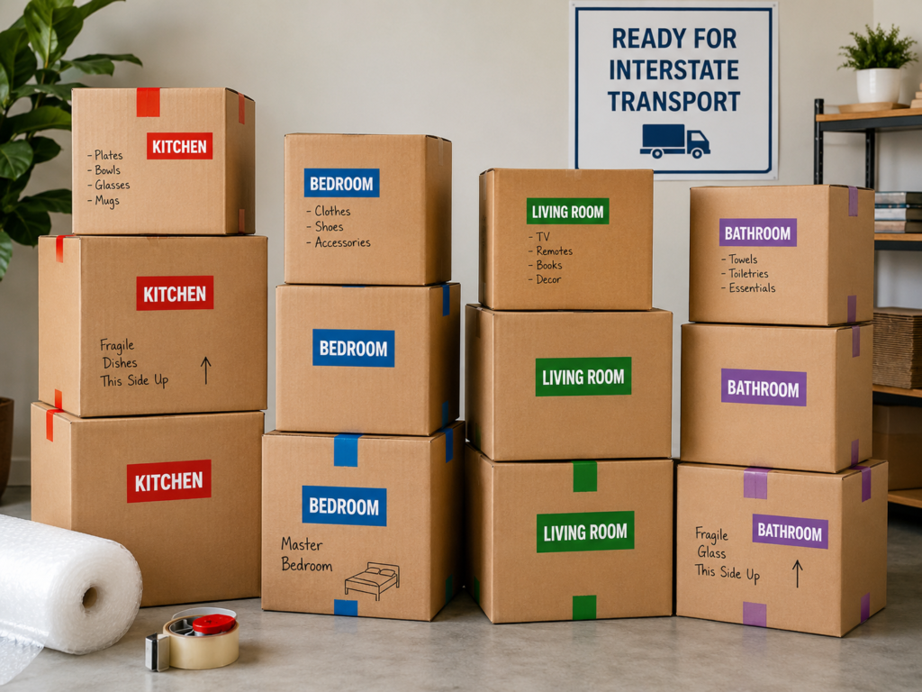 what to do before moving interstate labelled boxes by Six Brothers Removalists ready for transport
