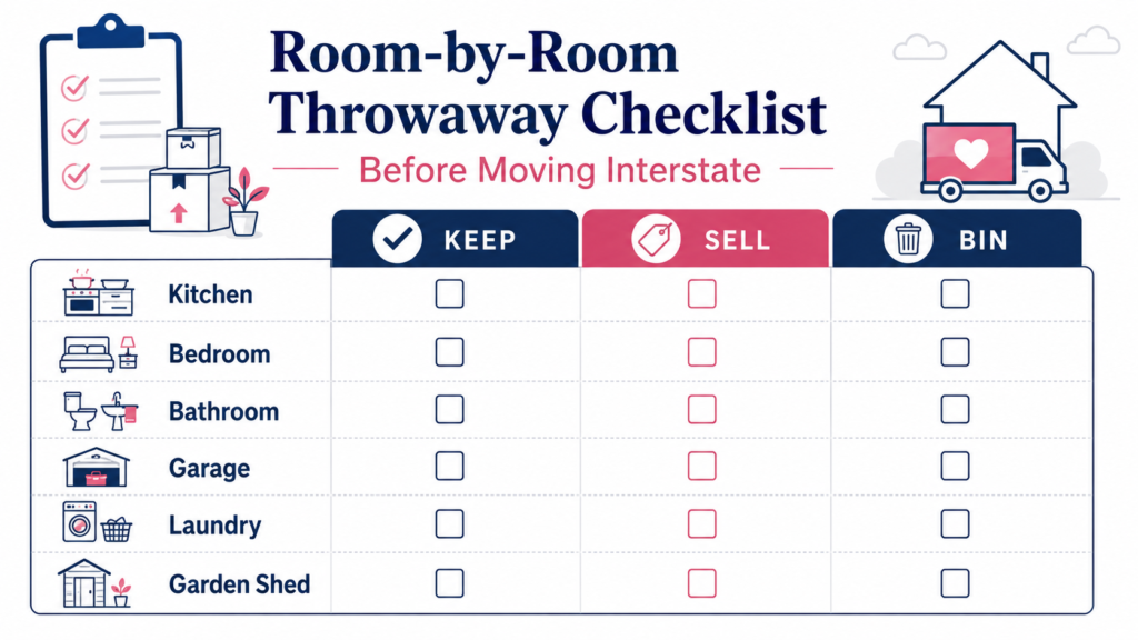 What to throw away before interstate moving checklist by Six Brothers Removalists with keep, sell, and bin columns