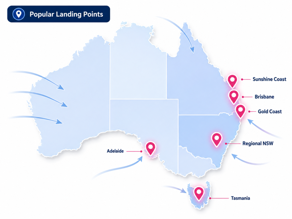 Which Australian state has the most people leaving map by Six Brothers Removalists showing QLD, SA, TAS and regional NSW