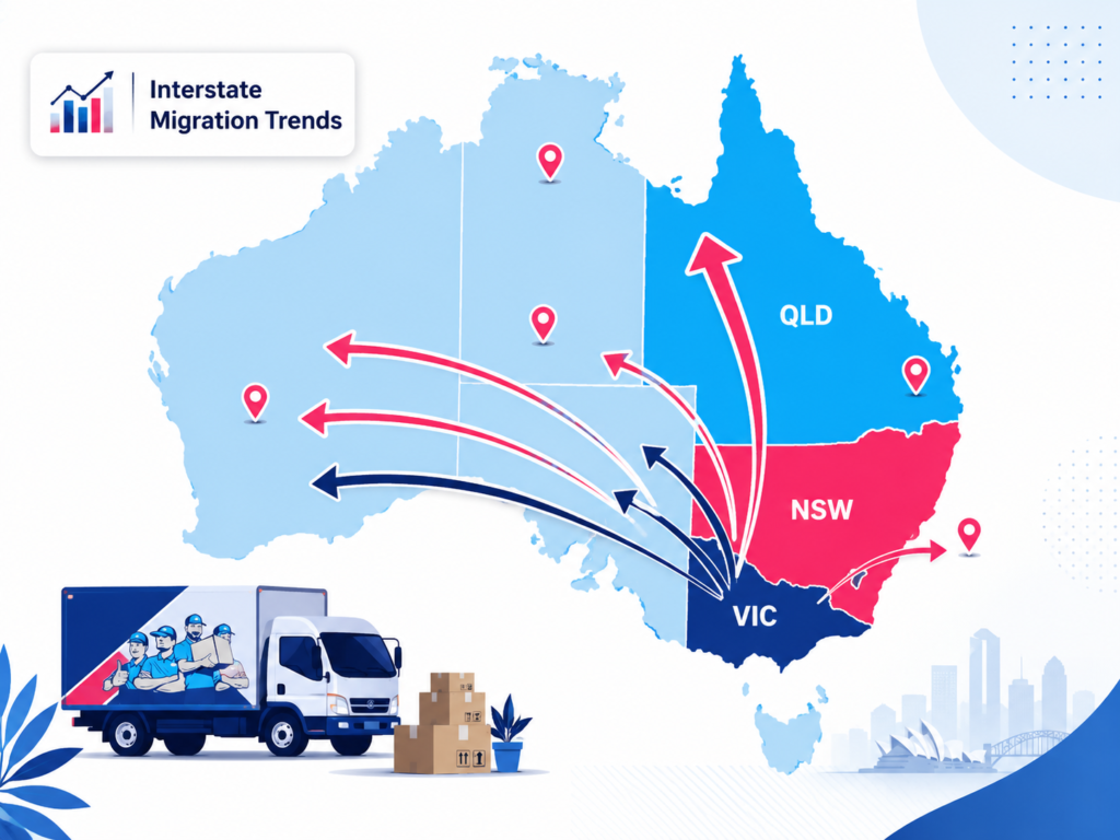 Which Australian state has the most people leaving map by Six Brothers Removalists with NSW and VIC arrows