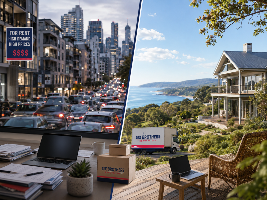 Which Australian state has the most people leaving by Six Brothers Removalists, showing city pressure and calm coastal home