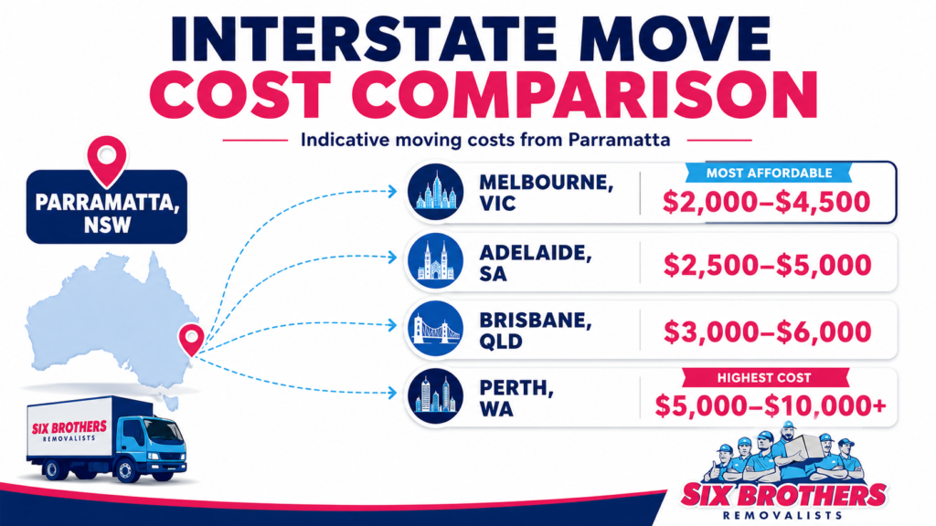 Which Australian states are people moving to cost comparison graphic by Six Brothers Removalists from Parramatta.