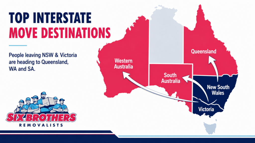 Which Australian states are people moving to map graphic by Six Brothers Removalists showing NSW and Victoria outflows.