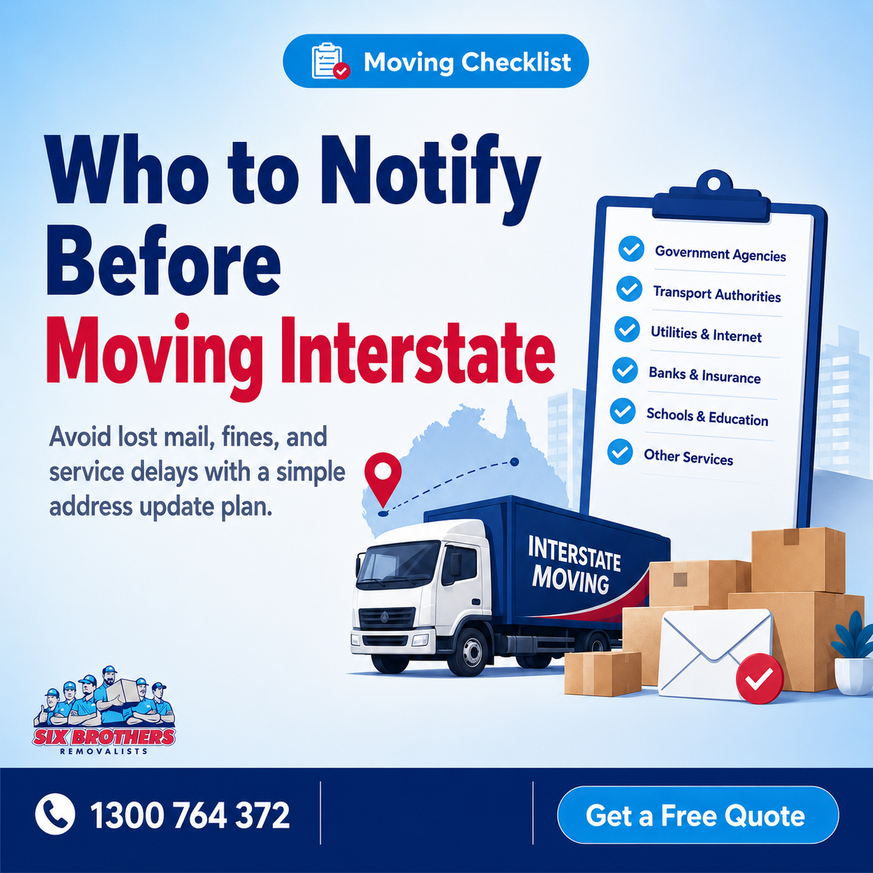 Who to notify before moving interstate checklist by Six Brothers Removalists with truck, boxes, and address update icons