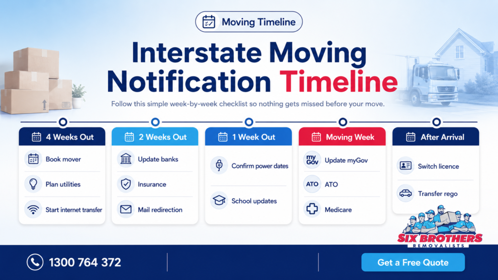 Who to notify before moving interstate timeline by Six Brothers Removalists with a week-by-week moving checklist