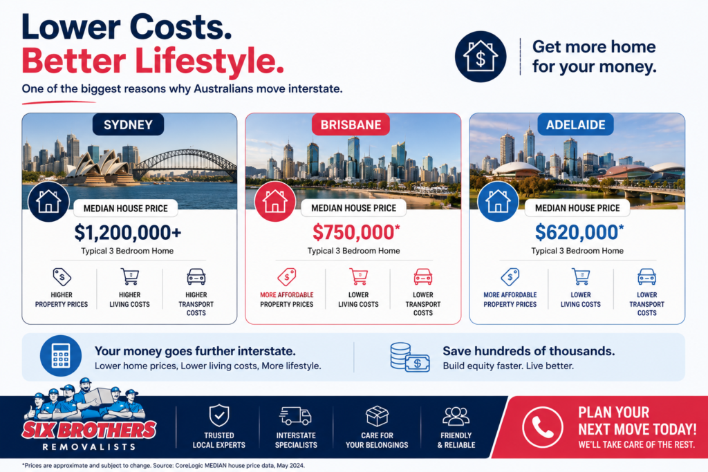 Why Australians move interstate housing cost comparison for Sydney, Brisbane and Adelaide by Six Brothers Removalists