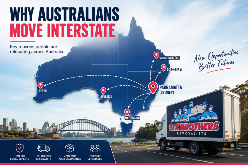 Why Australians move interstate map showing Parramatta and Sydney routes by Six Brothers Removalists